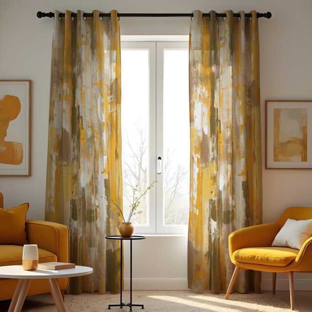 Abstract Yellow Curtains, Modern Brushstroke Pattern Drapes, Contemporary Artistic Window Panels, Made To Measure Living Room Decor - image 1