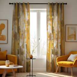 Abstract Yellow Curtains, Modern Brushstroke Pattern Drapes, Contemporary Artistic Window Panels, Made To Measure Living Room Decor