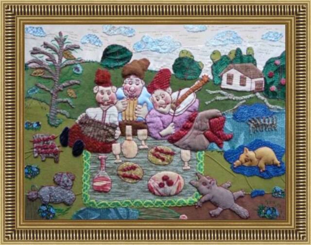 Ukrainian Folk Art Patchwork Landscape Tapestry, Textile Wall Hanging - image 1