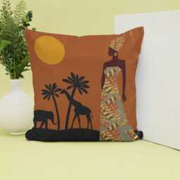African Woman Cushion Cover Tribal Giraffe & Elephant Decor