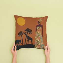 African Woman Cushion Cover Tribal Giraffe & Elephant Decor - thumbnail 2