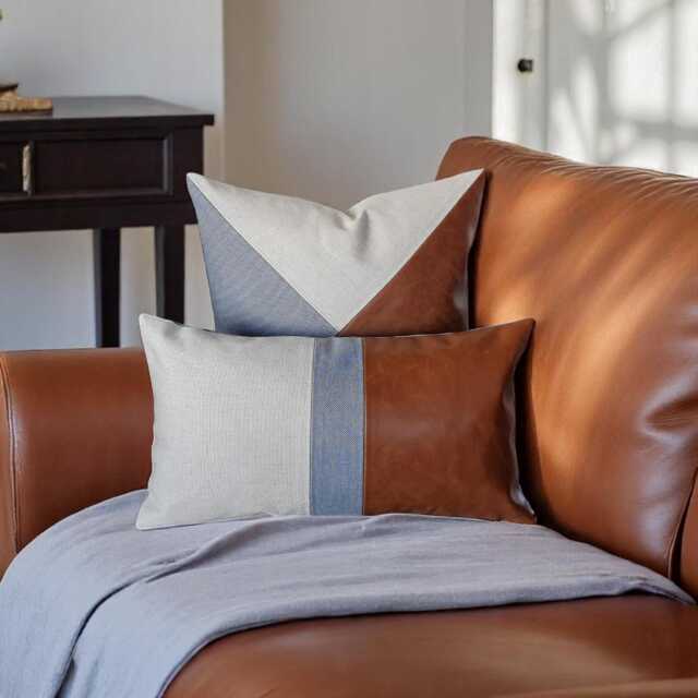 Cognac Faux Leather Color Block Pillow Cover With Denim Linen Accents - image 1