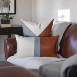 Cognac Faux Leather Color Block Pillow Cover With Denim Linen Accents - thumbnail 2