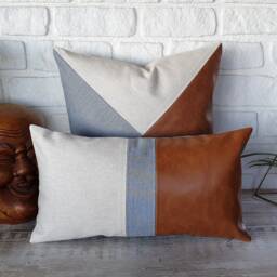Cognac Faux Leather Color Block Pillow Cover With Denim Linen Accents - thumbnail 3