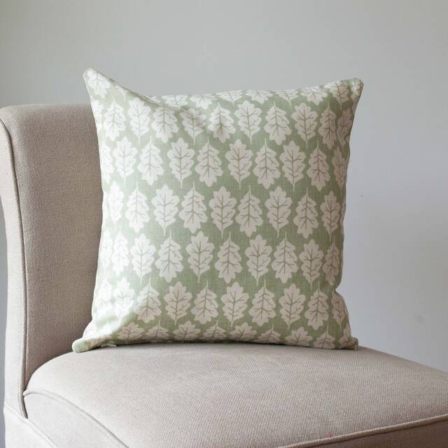Autumn Leaf Cushion in Sage Green & White. Summer Inspired Shabby Chic Style, 100%sustainable Cotton, Double Sided. 17x17 - image 1