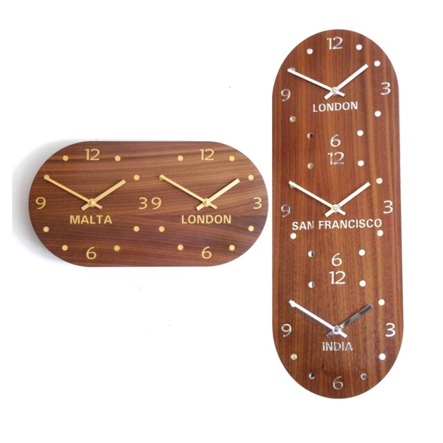 Decora Walnut Gold & Mirror Deco World Time Zone Wall Clock 2-5 Dial Options - image 1
