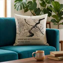 Personalised Map Linen Cushion For 4Th Or 12Th Wedding Anniversary Gift, Black & White - thumbnail 3