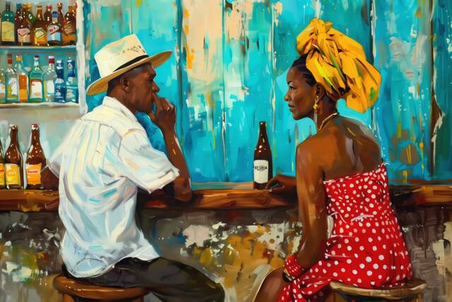 st Lucia Art Print Of Black Couple in Rum Shop Bar - image 1