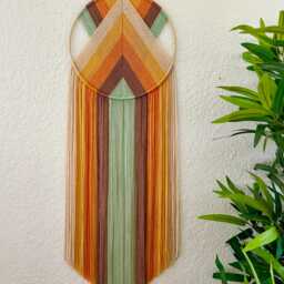 Retro Yellow Rainbow Yarn Wall Hanging, Orange & Green Art, Handmade Hangings, Modern Macrame, 70's Decor - thumbnail 2