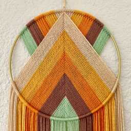 Retro Yellow Rainbow Yarn Wall Hanging, Orange & Green Art, Handmade Hangings, Modern Macrame, 70's Decor - thumbnail 1
