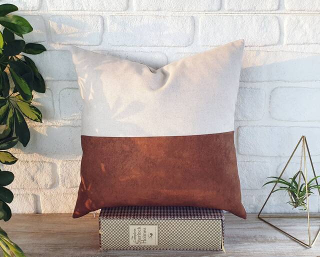 Terracotta Faux Leather & Linen Pillow Cover 15x15'' - image 1