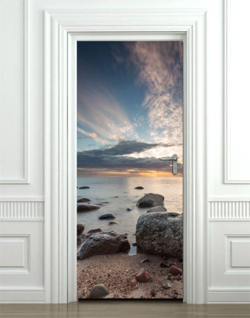 Stones Beach Mountains Wall Decal, Nature Sticker, Door Decor, Mural, Cover, Wrap For Home Decor