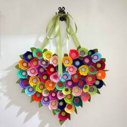 Felt Flower Heart Wreath Valentine's Day Decor, Sage Green Ribbon - thumbnail 1