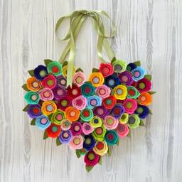 Felt Flower Heart Wreath Valentine's Day Decor, Sage Green Ribbon - thumbnail 3