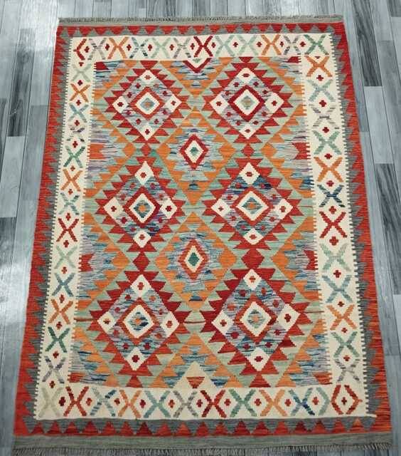 Heritage Kilim Rug, Handmade Artisan Afghan Turkish, Scandinavian, Navajo, Bohemian Flatweave, Natural Wool Multicolour Rug 208x159 cm - image 1