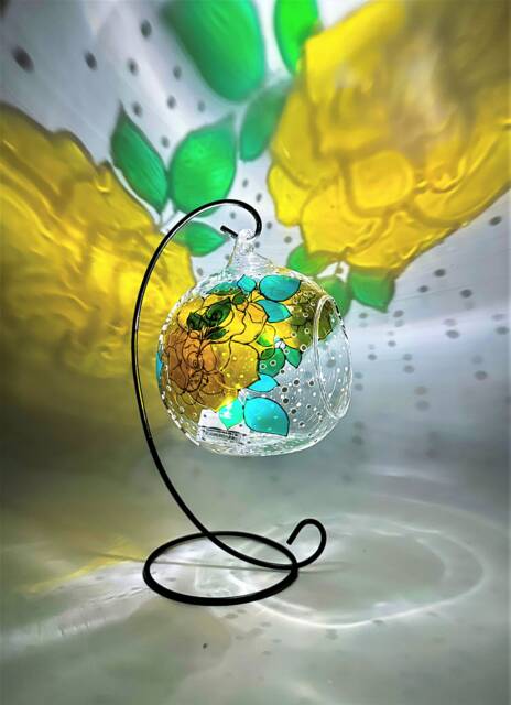 Yellow Roses Glass Candle Holder Stain Shadow Casting Tealight, Friendship Gift - image 1