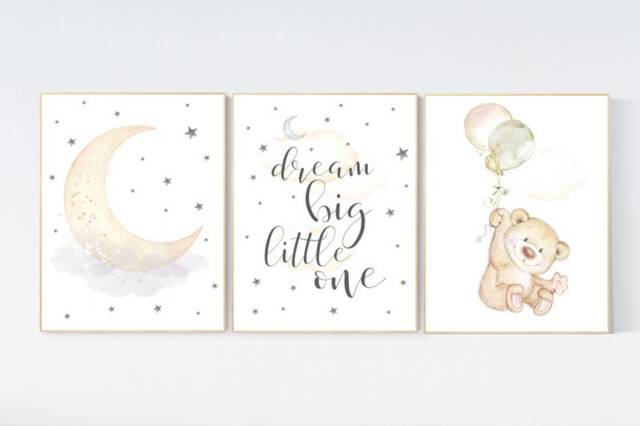 Neutral Bear Nursery Decor Moon, Stars Art Print - image 1