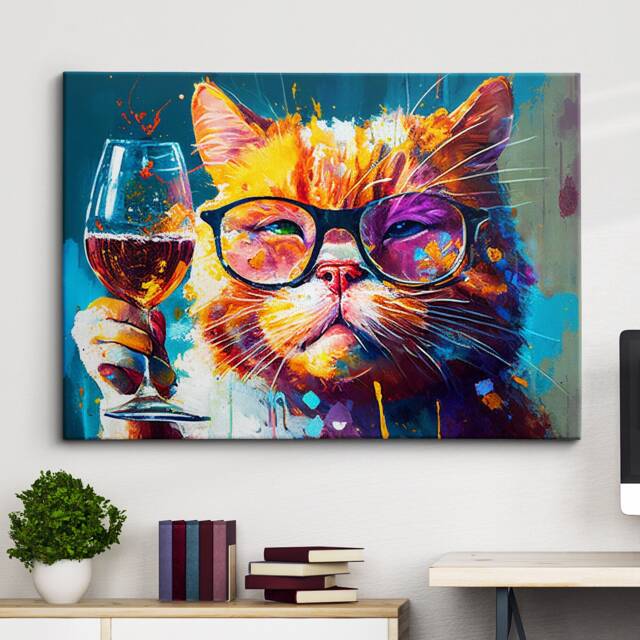 Cat Toasting Drink Glasses Animal Art Abstract Oil Painting Framed Poster Print & Canvas Wall Living Home Decor Interior Gift - image 1