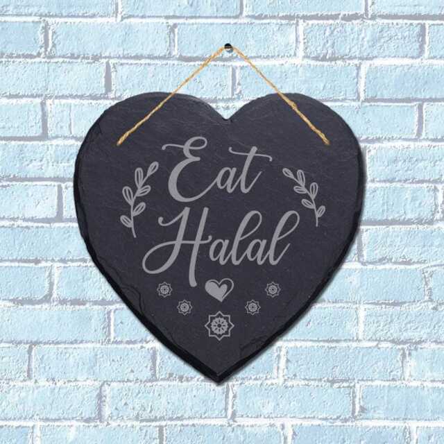 Eat Halal Laser Engraved Wall Hanging Islamic Heart Shape Home Slate Plaque Sign - image 1