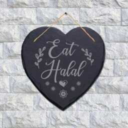 Eat Halal Laser Engraved Wall Hanging Islamic Heart Shape Home Slate Plaque Sign - thumbnail 2