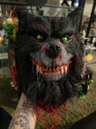Handmade Gmork Inspired Black & Bloody Mounted Severed Wolf Head Horror Wall Art Sculpture - thumbnail 1