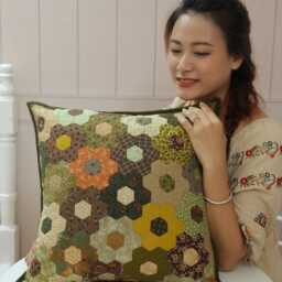 Hand Quilted Hexagon Pillow Cover Colorful Decorative Cushion - thumbnail 3