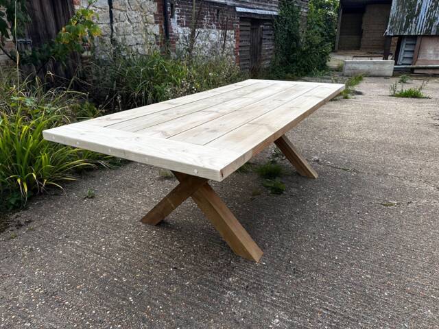 Garden Outdoor Patio Farmhouse Dining Table X Leg Or H - Treated With Breadboard End - image 1