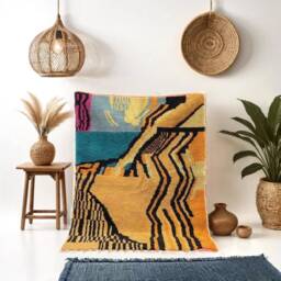 Handmade Boujaad Moroccan Rug Mid-Century Modern Wool Area Rug - thumbnail 1