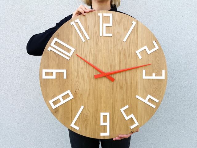 Large Wall Clock - Wood With White Numbers & Orange Clock Hands Slim_Wood 23 - image 1