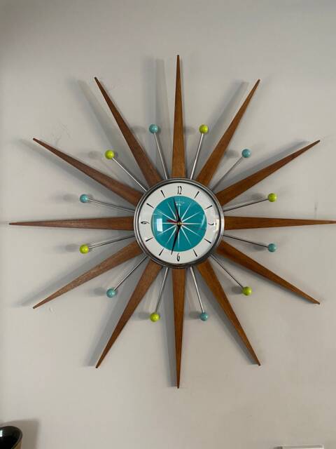 Handmade Mid Century Starburst Clock Turquoise Face, Teak Wood Rays - 27 Inch - image 1