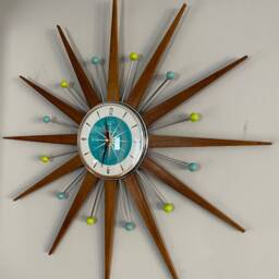Handmade Mid Century Starburst Clock Turquoise Face, Teak Wood Rays - 27 Inch - thumbnail 3