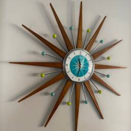 Handmade Mid Century Starburst Clock Turquoise Face, Teak Wood Rays - 27 Inch - thumbnail 2