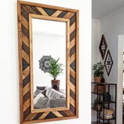 Aztec Wood Frame Mirror Boho Wall Hanging - 33x17 - thumbnail 2