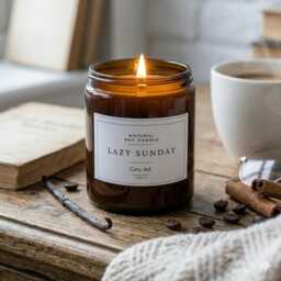 Lazy Sunday Coffee & Vanilla Candle - Cozy Scented Soy Wax - Gift For Lovers, Bookish 180Ml Amber Jar, Vegan Handmade UK - thumbnail 4