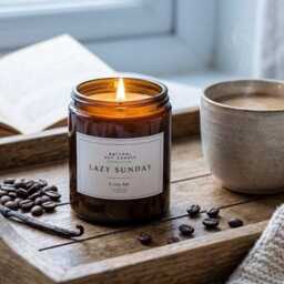 Lazy Sunday Coffee & Vanilla Candle - Cozy Scented Soy Wax - Gift For Lovers, Bookish 180Ml Amber Jar, Vegan Handmade UK - thumbnail 2