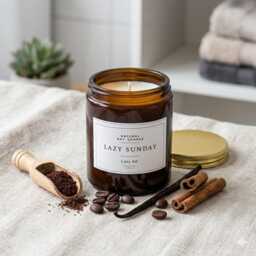 Lazy Sunday Coffee & Vanilla Candle - Cozy Scented Soy Wax - Gift For Lovers, Bookish 180Ml Amber Jar, Vegan Handmade UK - thumbnail 1