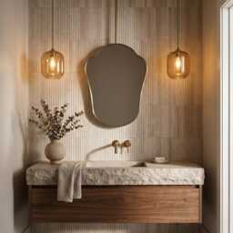 Ceiling Mounted Arch Brass Mirror - Elegant Hanging Bathroom - thumbnail 2