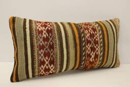 Handwoven Turkish Kilim Pillow Cover Boho Lumbar Throw Cushion - 12x24