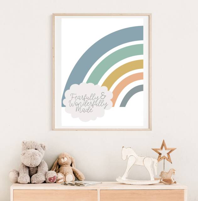 Fearfully & Wonderfully Made, Rainbow, Boys Nursery Decor, Bedroom, Christian Wall Art, Baby Boy, Bible Verse, Art