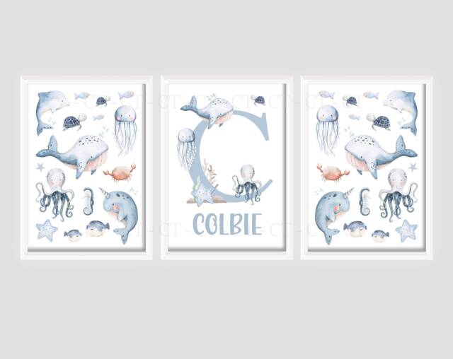 Under Sea Ocean - Personalised A4 Or A3 Bedroom Nursery Set Of 3 Unframed Prints Boy Girl Unisex Sealife Whale Shark Octopus Turtle - image 1