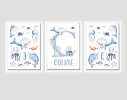 Under Sea Ocean - Personalised A4 Or A3 Bedroom Nursery Set Of 3 Unframed Prints Boy Girl Unisex Sealife Whale Shark Octopus Turtle - thumbnail 1