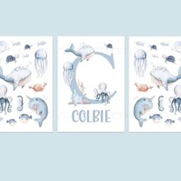 Under Sea Ocean - Personalised A4 Or A3 Bedroom Nursery Set Of 3 Unframed Prints Boy Girl Unisex Sealife Whale Shark Octopus Turtle - thumbnail 2