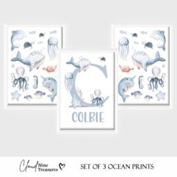 Under Sea Ocean - Personalised A4 Or A3 Bedroom Nursery Set Of 3 Unframed Prints Boy Girl Unisex Sealife Whale Shark Octopus Turtle - thumbnail 3
