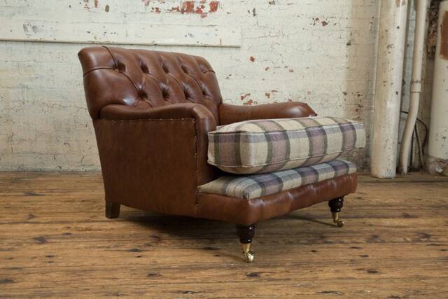 Handmade Brown Leather Chesterfield Armchair/Abraham Moon Tartan Wool - image 1