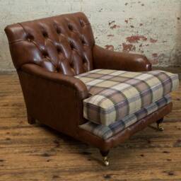 Handmade Brown Leather Chesterfield Armchair/Abraham Moon Tartan Wool - thumbnail 2
