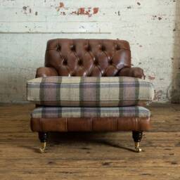 Handmade Brown Leather Chesterfield Armchair/Abraham Moon Tartan Wool - thumbnail 3