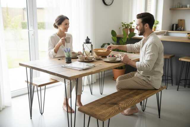 Industrial Steel Hairpin Leg Straight Edge Rustic Dining Table - image 1