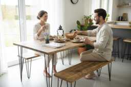 Industrial Steel Hairpin Leg Straight Edge Rustic Dining Table - thumbnail 1
