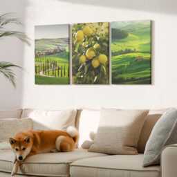 Canvas Art Set Of 3 - Italian Landscapes With Citrus Trees & Green Hills, Wall Canvas, Decor - thumbnail 2