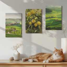 Canvas Art Set Of 3 - Italian Landscapes With Citrus Trees & Green Hills, Wall Canvas, Decor - thumbnail 1